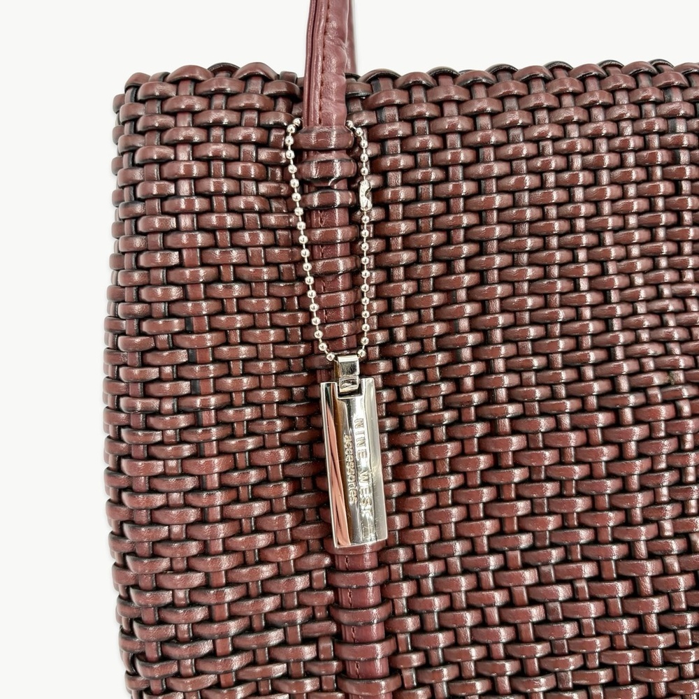 Vintage Nine West Woven Faux Leather Tote Bag Brown Y2K Shoulder Minimalist - Picture 9 of 12
